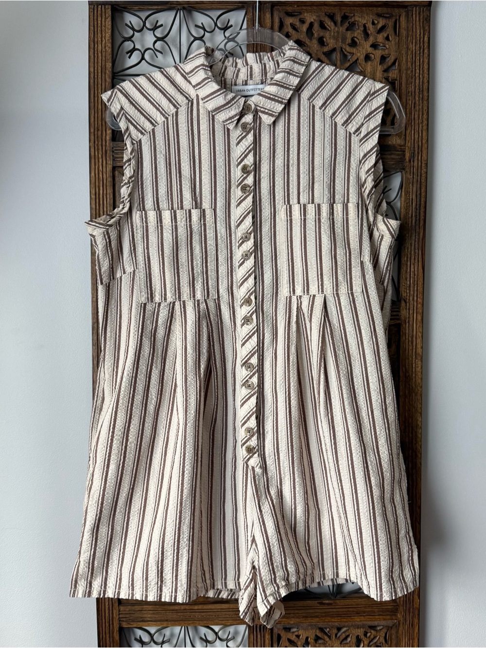 Urban Outfitters Striped Cream and Brown Sleeveless Romper